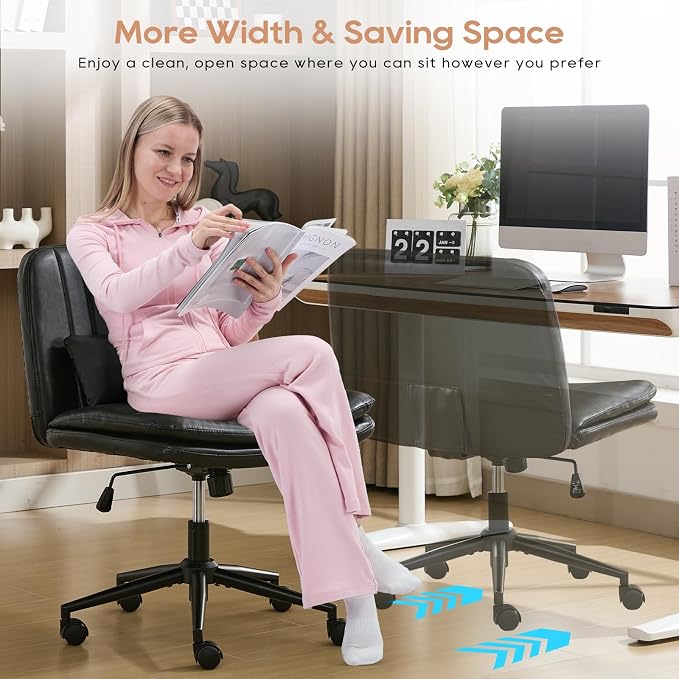 IPKIG Criss Cross Chair, Small Armless Desk Office Computer Chair with Wheels and Lumbar Pillow, Comfy Adjustable Swivel Task Vanity Chair, PU Leather, Glossy Black