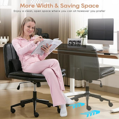 IPKIG Criss Cross Chair, Small Armless Desk Office Computer Chair with Wheels and Lumbar Pillow, Comfy Adjustable Swivel Task Vanity Chair, PU Leather, Glossy Black