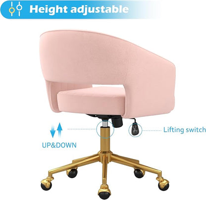 Home Office Chair Swivel Velvet Desk Chair Accent Armchair Upholstered Modern Tufted Chairs with Gold Base for Girls Women Ergonomic Study Seat Computer Task Stools for Living Room(Pink)