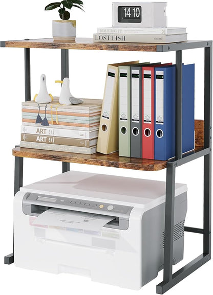 Homeiju 3-Tier Printer Stand for Desk, Desktop Printer Shelf, Heavy Duty Metal Frame Wood Shelf for Home Office Holds Up to 50lbs, Space-Saving Desk Organizer forfor Home Office, Rustic Brown