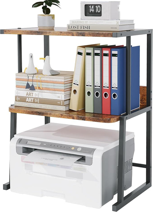 Homeiju 3-Tier Printer Stand for Desk, Desktop Printer Shelf, Heavy Duty Metal Frame Wood Shelf for Home Office Holds Up to 50lbs, Space-Saving Desk Organizer forfor Home Office, Rustic Brown