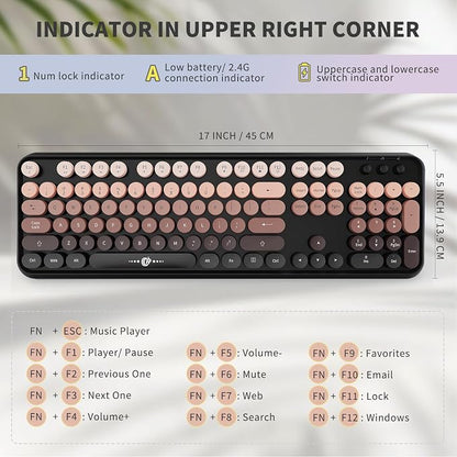 Wireless Keyboard and Mouse Combo for Long Nails, Black Pink Aesthetic Bubble Keyboard with Round Keys, Cute Typewriter Style Full Size Keyboard with Number Pad for PC Laptop Desktop
