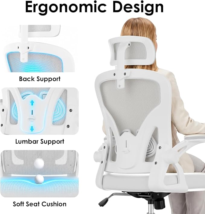 Farini Ergonomic Office Chair, Home Office Desk Chair with Headrest, High Back Swivel Computer Chair with Armrests and Adjustable Lumbar Support for Home Office Study Room, White & White