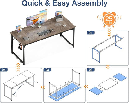 Casaottima 63 Inch Computer Desk for Home Office, Study Writing Table for Small Spaces, Simple Modern Desk with Headphone Hooks, Grey Oak