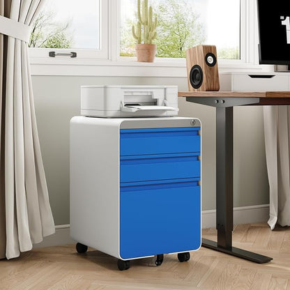 Dripex 3 Drawer Blue File Cabinet, Mobile Under Desk Storage File Cabinet with Lock on Wheels, Letter/Legal Size, Fully Assembled, Small Short Vertical Metal Rolling Filing Cabinets for Home Office