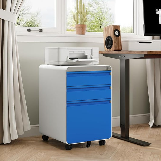 Dripex 3 Drawer Blue File Cabinet, Mobile Under Desk Storage File Cabinet with Lock on Wheels, Letter/Legal Size, Fully Assembled, Small Short Vertical Metal Rolling Filing Cabinets for Home Office