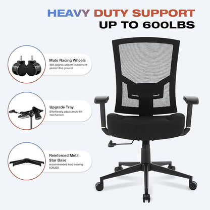 Big and Tall Office Chair 600lbs with Lumbar Support for Eight Hour Daily Work Ergonomic Mesh Desk Chair Widen 3D Cushion for Reading, Gaming