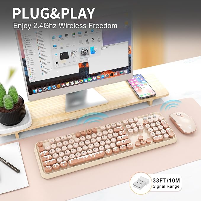 Wireless Keyboard and Mouse Combo, 2.4 GHz Wireless Full-Sized Typewriter Keyboard with Round Keycaps for Windows, Computer, Desktop, PC, Laptop (Ice Cream)