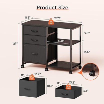 Maihail 3 Drawer File Cabinet with Wheels Rolling Printer Stand with Open Storage Shelf Fabric Lateral Filing Cabinet for Home Office,Black