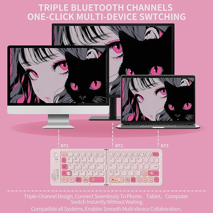 Foldable Bluetooth Keyboard with UV Printing Technology Rechargeable Keyboards,Compact Wireless Travel Keyboards for iPad, Smartphone, Tablet and Laptop - Z1 Pink Colorful