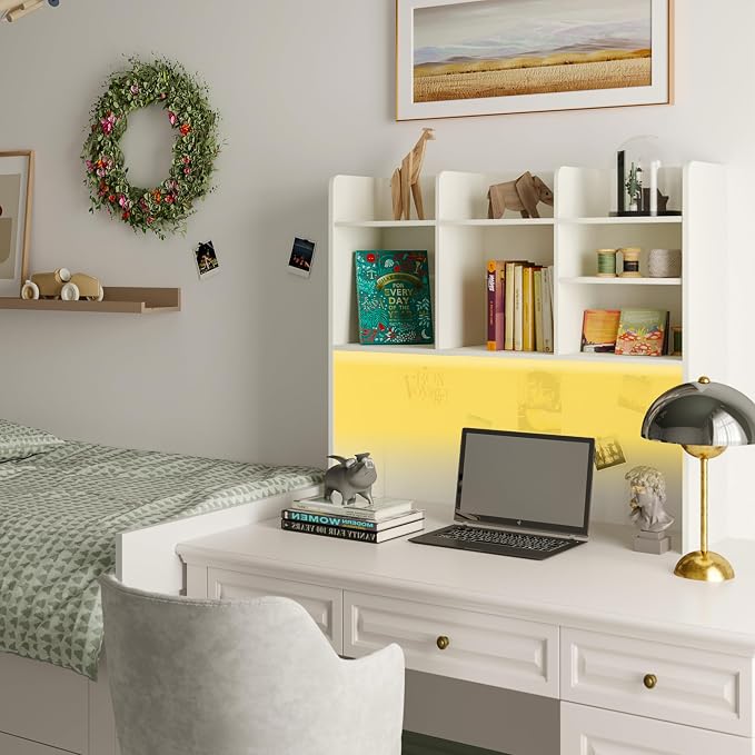 ChooChoo Desktop Bookshelf with Lights, Wood Desk Hutch Organizer with 7 Shelves for Computer Desk, Desktop Shelf Bookshelf Storage for College Dorm Office Home, White