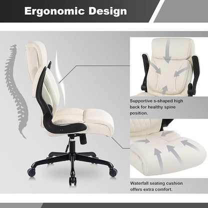 Youhauchair Executive Office Chair, Ergonomic PU Leather Computer Desk Chair with Lumbar Support, Flip-up Armrests and Adjustable Height, for Home Office, Beige
