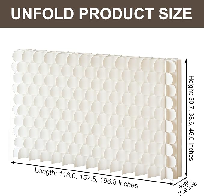 3D Scallop Textured Room Divider, Freestanding Privacy Screen, Modern Accordion Folding Kraft Paper Partition, No Drill, Portable Room Separator for Home, Office, Studio & Salon, White