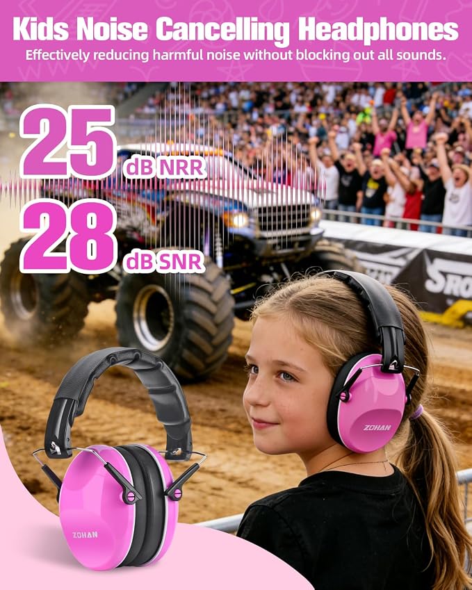 ZOHAN 032 Kids Noise Canceling Headphones - 25dB NRR Kids Ear Protection Earmuffs for School, Monster Jam, Fireworks, Travel, Air Show, Concert, Autism - Pink