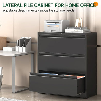Lateral File Cabinet 3 Drawer, Metal File Cabinet with Lock | Filing Cabinets for Home Office, Black Locking Deep Drawer for Hanging Files Letter/Legal/A4/F4 Size, Assembly Required