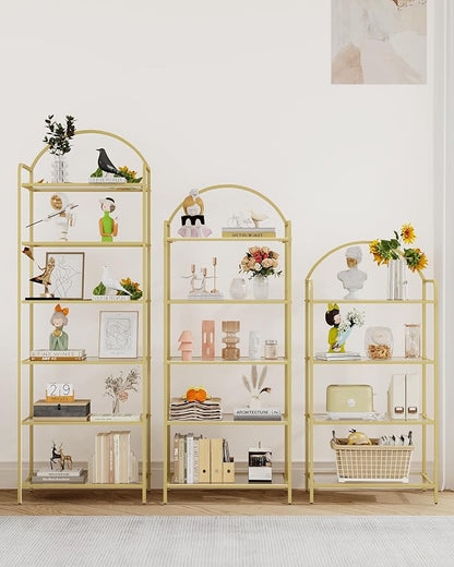 Hzuaneri Bookcase Bookshelf, Tempered Glass Bookshelves, Slim Shelving Unit for Bedroom, Bathroom, Home Office, Steel Frame, 6 Tier Gold BC21699G