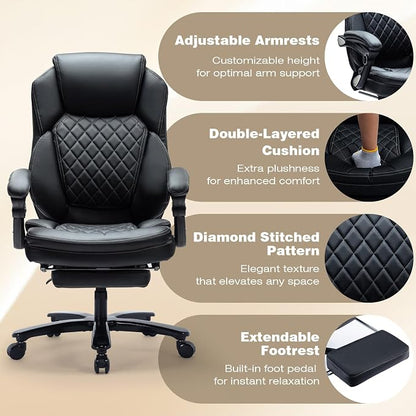 500lbs Reclining Office Desk Chair with Footrest, Managerial Executive Chair Lounge Chair for Office, Plus Size Black Leather Recliner Office Chairs