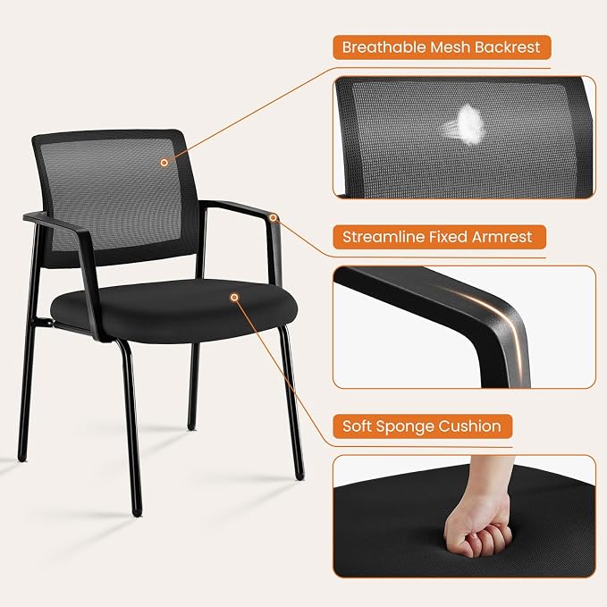 Mesh Back Stacking Arm Chairs, Office Reception Guest Chair with Upholstered Fabric Seat and Ergonomic Lumber Support, Sturdy Metal Office Chairs, Black-4pack