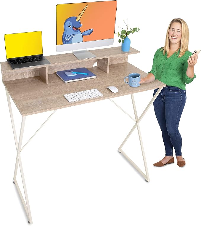 Stand Steady Joy Desk | Modern Stand Up Workstation with Storage Cubbies | Pretty Standing Desk with Large Desktop | Multifunctional Table for Home & Office (Maple / 48 x 42)