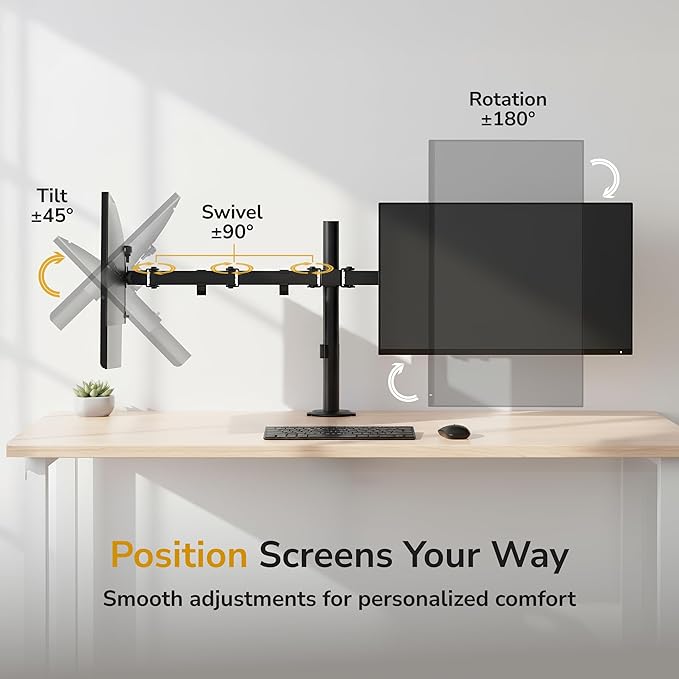 Mount-It Dual Monitor Arm, Desk Mount for 2 Screens 13-32 in, Steel | Holds up to 19.8 lbs Each, Full Motion Tilt Swivel Rotate, VESA 75x75 100x100, Cable Management, C-Clamp or Grommet, Black