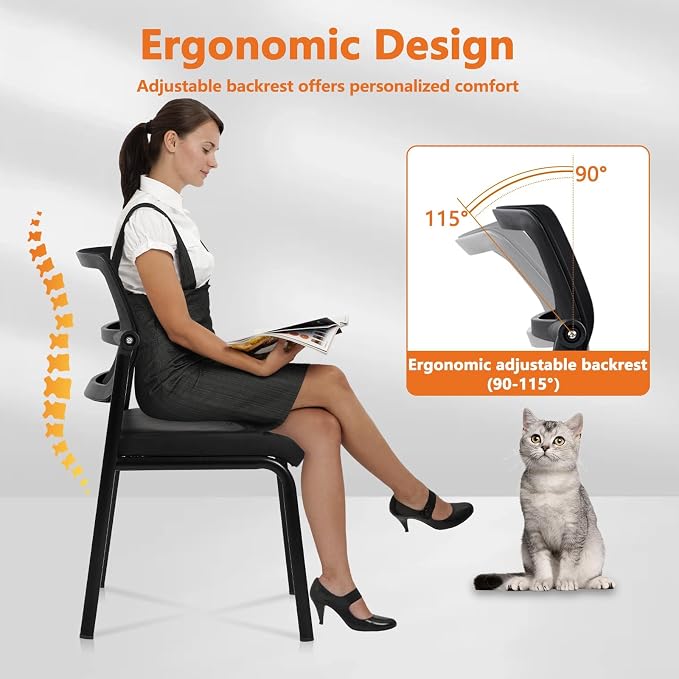 CLATINA Stackable Mesh Office Chair Armless Guest Waiting Stacking Chair with Ergonomic Lumbar Support & Leather Seat Cushion, for Conference, Lobby, School, Reception, BlackTotal Budget, Black