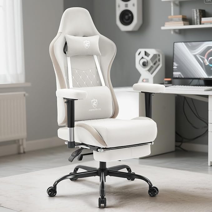 Gaming Chair Breathable Fabric,Computer Office Chair with Footrest,Massage Lumbar Support and Gel Pad,Ergonomic Reclining Gamer Chair with Adjustable Armrests and Spring Cushion Beige