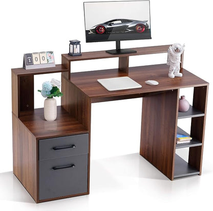 ivinta Computer Desk with Storage Shelves and Drawers, 52" Office Desk with Hutch and Storage Shelf, Modern Writing Desk Study Table for Living Room, Bedroom, Home Office 7116 (Brown)