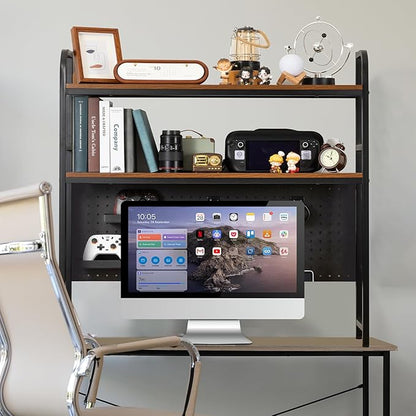 deli Desktop Shelf, Desk Hutch with Grid Panel, Desktop 2-Tier Display Rack, Multipurpose Metal Desktop Bookshelf Storage Organizer, Black
