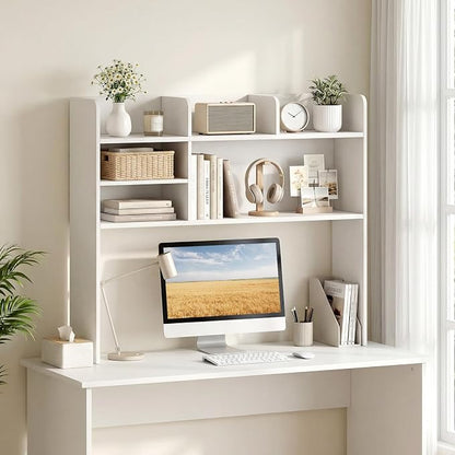 LDAILY 3-Tier Desktop Bookshelf, Wooden Desk Hutch for Computer Monitor Up to 32 Inch, Desk Organizer Shelf with Adjustable Shelf & 6 Storage Shelves, Desk Display Rack for Home Office Dorm (White)