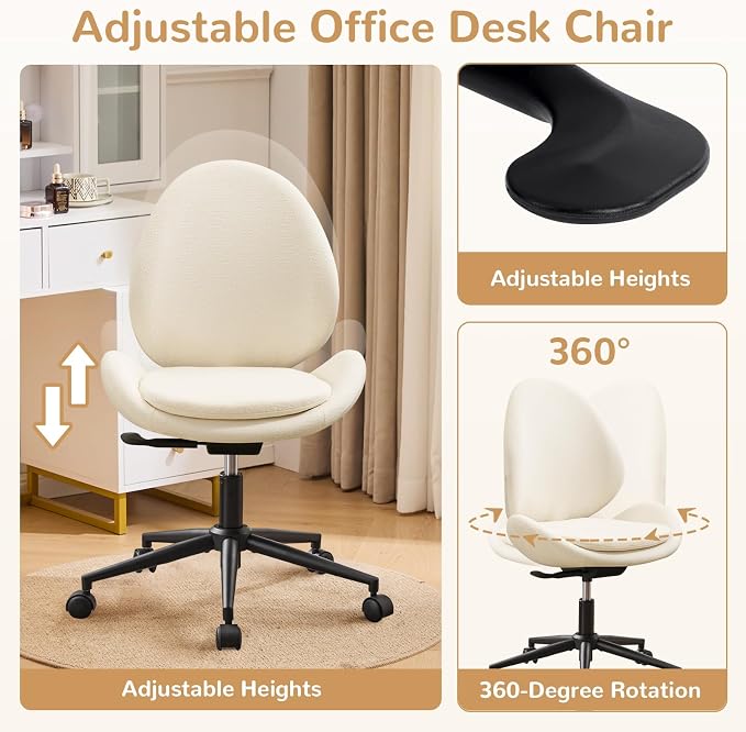 Furniliving Chenille Armless Desk Chair with Wheels, Upholstered Home Office Chair with Double-Layer Cushion, Adjustable Swivel Computer Vanity Chair with Rocking Back, White