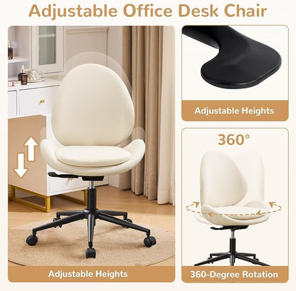 Furniliving Chenille Armless Desk Chair with Wheels, Upholstered Home Office Chair with Double-Layer Cushion, Adjustable Swivel Computer Vanity Chair with Rocking Back, White