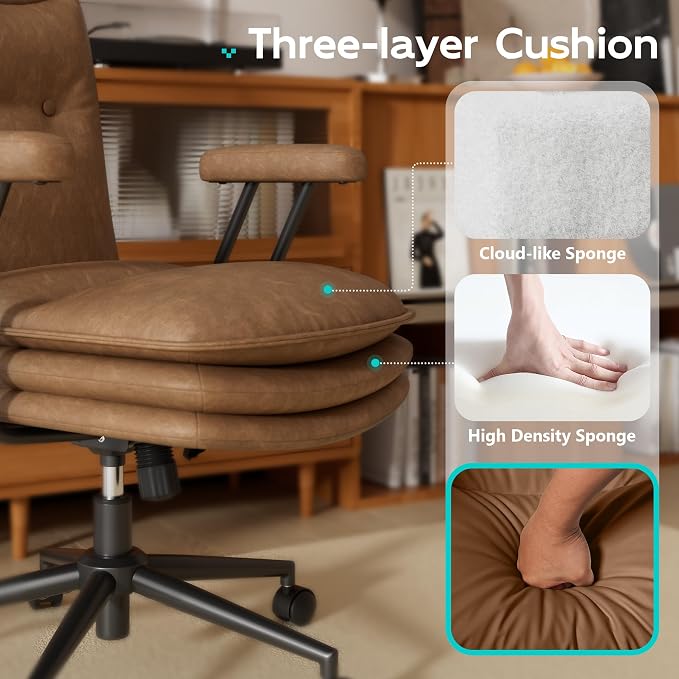 Brown Leather Office Chair with Triple-Layer Seat, Home Desk Chair | Comfy 7.3-inch Thick Cushion, Mid Back Ergonomic Support for Long Hours, Smooth Silent Wheels, Mid-Century Vintage Style