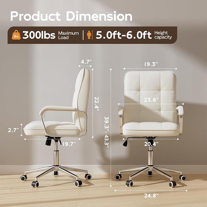 HomeZeer White Office Chair, Mid Back Leather Desk Chair with Wheels and Padded Arms, Swivel Vanity Chair for Bedroom, Computer Chair for Study and Work