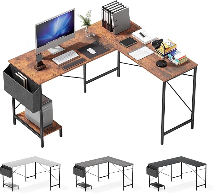 Simple Deluxe L Shaped Desk Gaming Computer 50 Inch Reversible Corner Table PC Work Table for Writing Study Student with Wood Tabletop Metal Frame CPU Stand Side Bag for Home Office Small Place