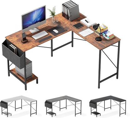 Simple Deluxe L Shaped Desk Gaming Computer 50 Inch Reversible Corner Table PC Work Table for Writing Study Student with Wood Tabletop Metal Frame CPU Stand Side Bag for Home Office Small Place