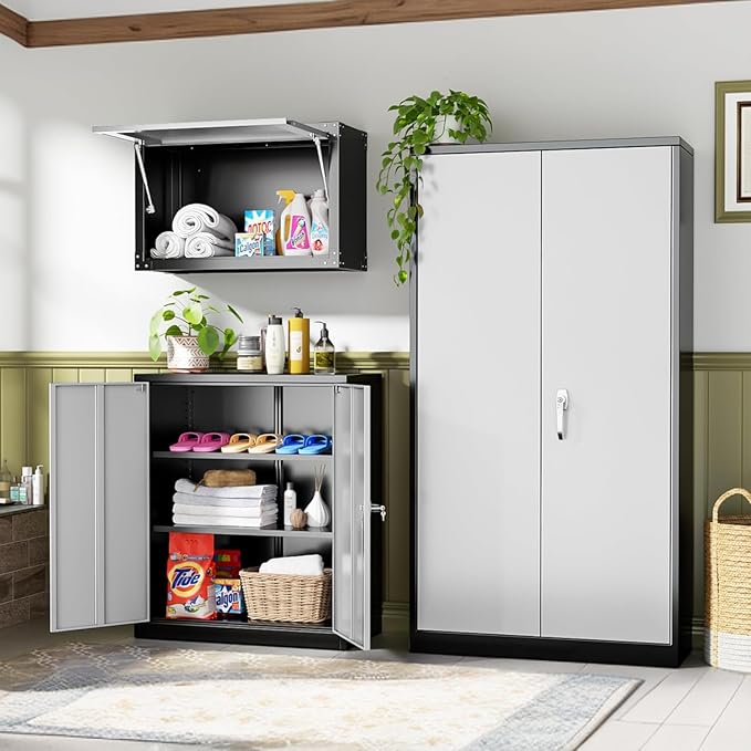 INTERGREAT Metal Garage Storage Cabinet, 36" Lockable Storage Cabinet with 2 Doors and 2 Adjustable Shelves, Steel Grey White File Cabinet Great for Home Office, Garage, Warehouse, Study Room
