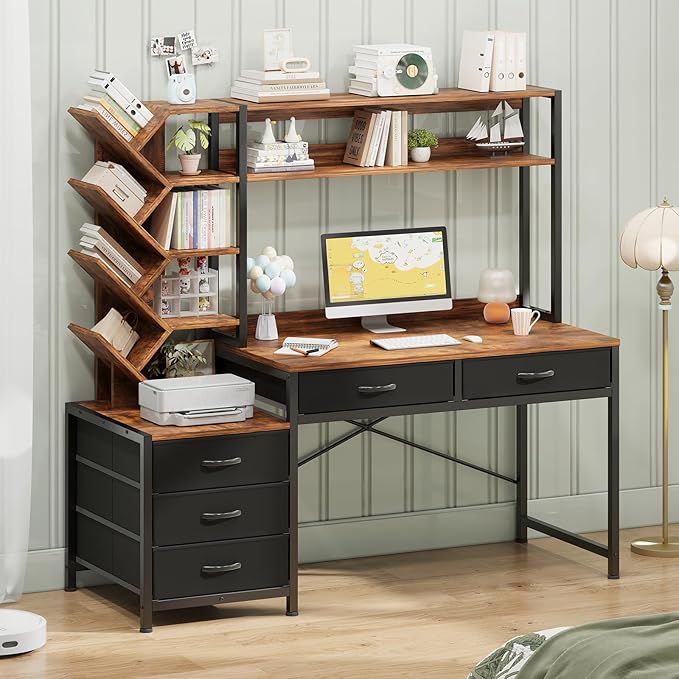 YOMILUVE Reversible Computer Desk with Hutch, Home Office Desk with 5 Drawers and Bookshelf, 52'' Study Writing Desk with Storage Shelves for Bedroom Home Office, Rustic Brown