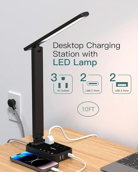 Addtam LED Desk Lamp, Power Strip with 3 Outlets 4 USB Charging Ports(2 USBC), 4 Modes 5 Level Brightness Touch Lamp, Small Desk Lamp for Home Office College Dorm Room Essentials, 10 FT