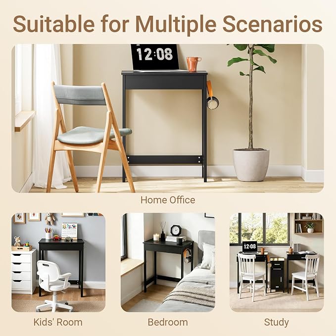 SoBuy Small Writing Desk with MDF Drawers, 24 inch Mini Desk with Side Hooks Suitable for Children Teenagers in Bedroom, Dorm, Living Room (Black, FWT43-SCH)