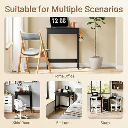SoBuy Small Writing Desk with MDF Drawers, 24 inch Mini Desk with Side Hooks Suitable for Children Teenagers in Bedroom, Dorm, Living Room (Black, FWT43-SCH)