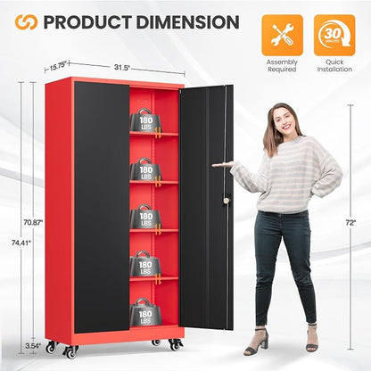 Garage Cabinet with Wheels and Adjustable Shelves, Metal Garage Storage Cabinets with 2 Doors, Storage Caninet with Lock, Heavy Duty Tool Cabnet for Workshop/Home/Office-(Black Red 75”H)