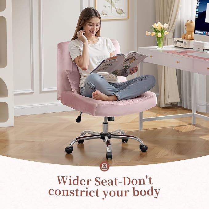 Velvet Criss Cross Chair with Wheels, Luxury Cross Legged Office Chair, Comfy Desk Chair for Home Office, Wide Seat Computer Chair, Armless Vanity Chair, Birthday Gift for Girls & Women, Blush Pink