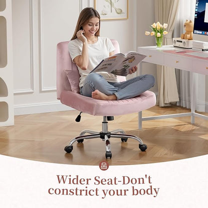Velvet Criss Cross Chair with Wheels, Luxury Cross Legged Office Chair, Comfy Desk Chair for Home Office, Wide Seat Computer Chair, Armless Vanity Chair, Birthday Gift for Girls & Women, Blush Pink