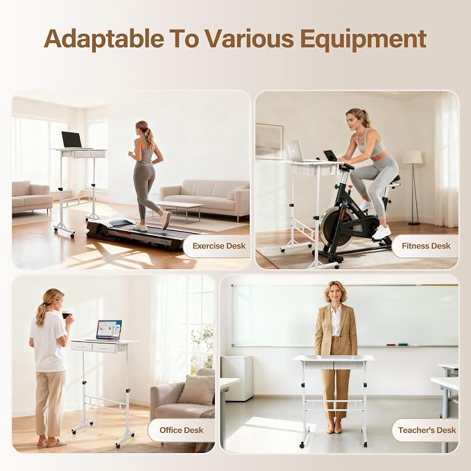 Small Standing Desk for Walking Pad with Drawers, 27.6"-49.2" Adjustable Folding Standing Desk, 32in Portable Standing Desk on Wheels, Rolling Desk for Home/Classroom/Office, White