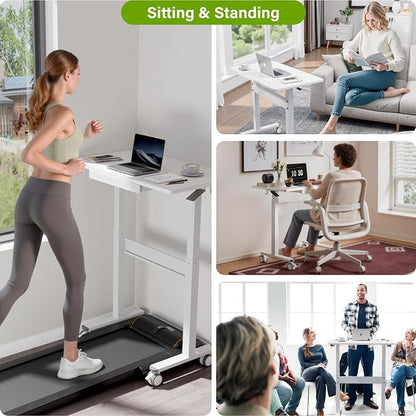 Standing Desk for Walking Pad with Wheels, Pneumatic Cordless Height Adjustable Rolling Desk, Mobile Computer Workstation with Drawer Hook Locking Casters for Treadmill & Home Office, White
