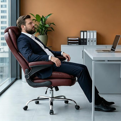 Office Chair, Home Desk Chair, Ergonomic Computer Chair with Lumbar Support, Executive Leather Chair with Flip-Up Armrests, Big and Tall Swivel Rolling Chair, Brown