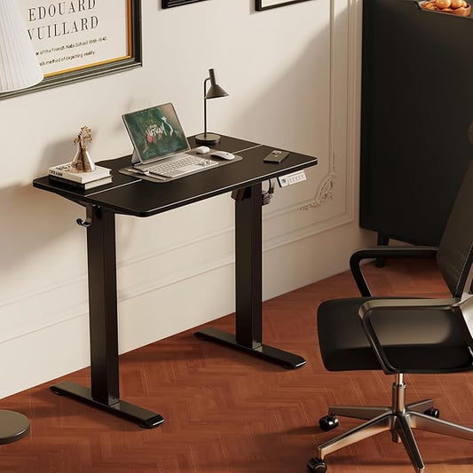 YDN 35" Small Electric Standing Desk Adjustable Height, Sit Stand up Desk with Memory Presets & Cable Management, Home Office Desk for Office & Computer Workstation, Black Frame/Black Top