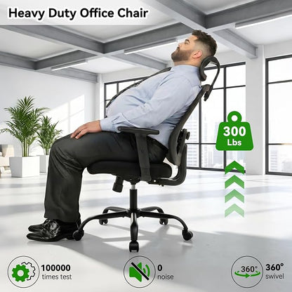 Ergonomic Office Chair Mesh High Back, Office Desk Chair with Adjustable Lumbar Support, Rolling Work Chairs with Wheels and 3D Headrest, Black