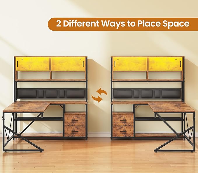 SEDETA L Shaped Computer Desk, Home Office Desk with 2 Drawer and Bookshelf, L Shaped Gaming Desk with LED Light, Glass Cabinet and Storage Bag, Corner Desk with Storage Shelves, Rustic Brown