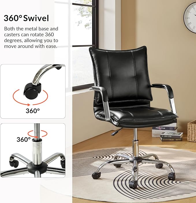 HULALA HOME Faux Leather Home Office Desk Chair, Adjustable Swivel Computer Chair with Sliver Legs and Arms, Comfy Upholstered Task Chair(Black)